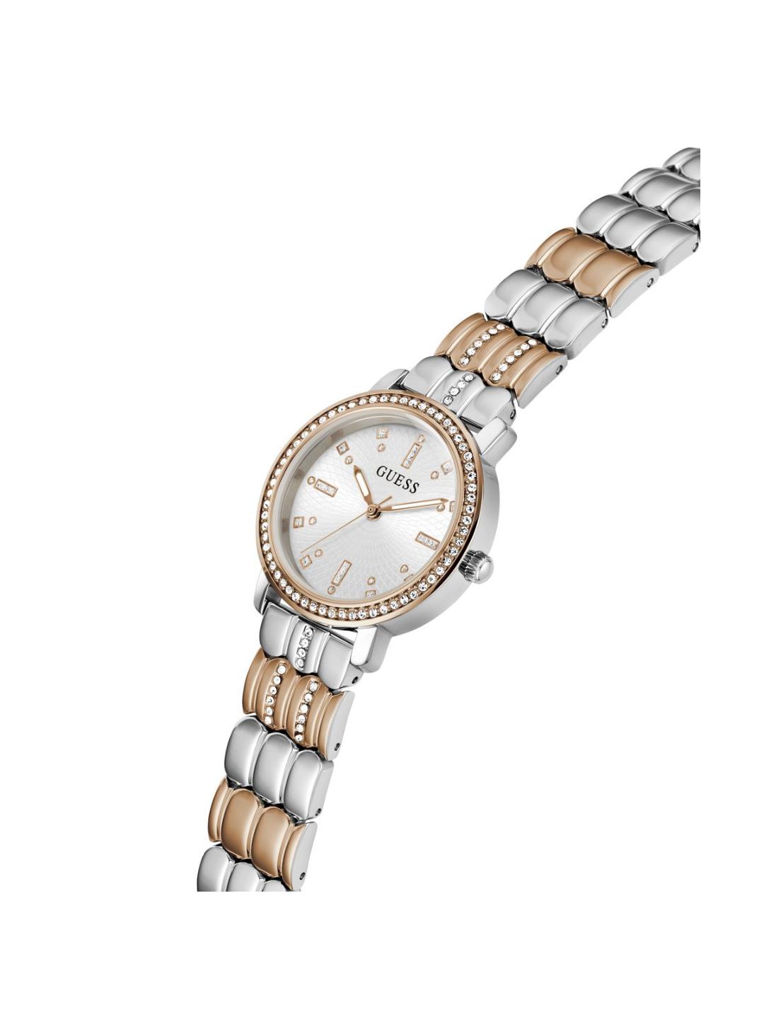 Two-tone watch with silver and rose gold band on a white background