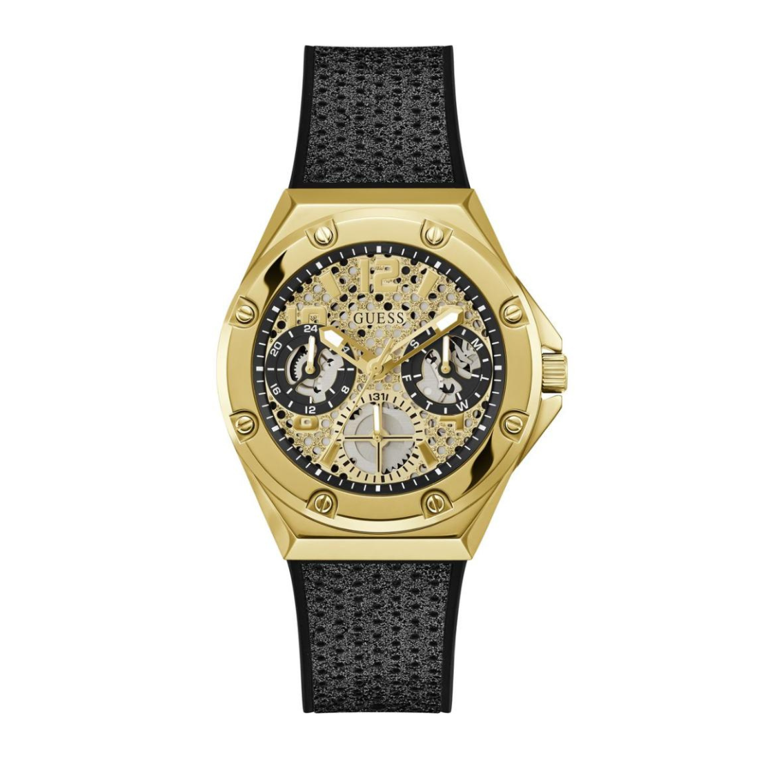 Gold watch with black strap on a white background