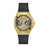 Gold watch with black strap on a white background