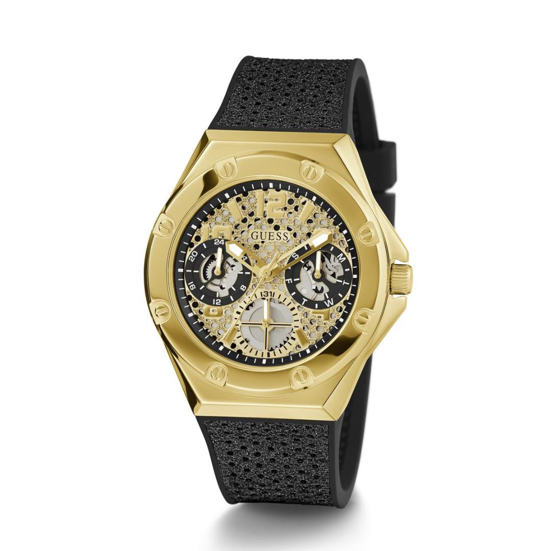 Gold and black watch with detailed face on a white background