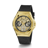 Gold and black watch with detailed face on a white background