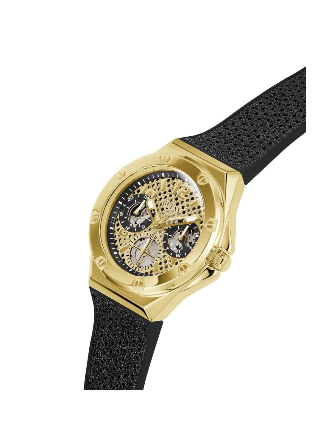 Gold watch with black strap on a white background