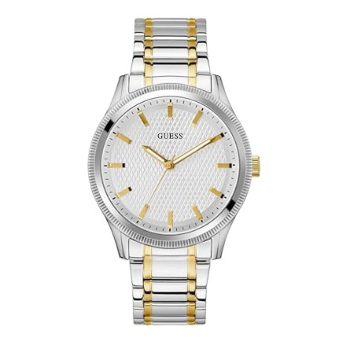 A two-tone stainless steel and gold wrist watch with a textured white dial, featuring the GUESS brand name on the dial, set against a plain white background.