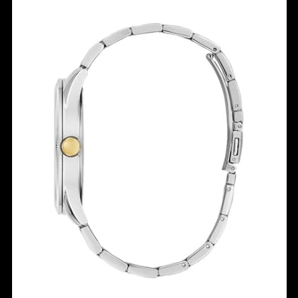 A silver stainless steel smartwatch with a matching metal link bracelet, shown from a side profile view. The watch features a single gold-tone crown button on its side.