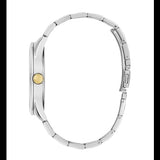 A silver stainless steel smartwatch with a matching metal link bracelet, shown from a side profile view. The watch features a single gold-tone crown button on its side.