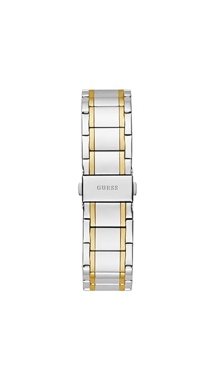 A Guess two-tone stainless steel and gold link watch band, shown vertically against a plain white background.