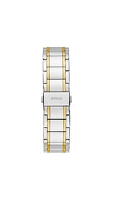 A Guess two-tone stainless steel and gold link watch band, shown vertically against a plain white background.