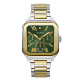 A GUESS men's two-tone stainless steel and gold watch with a square green dial, gold-tone bezel, and matching green and two-tone link bracelet, shown on a plain white background.