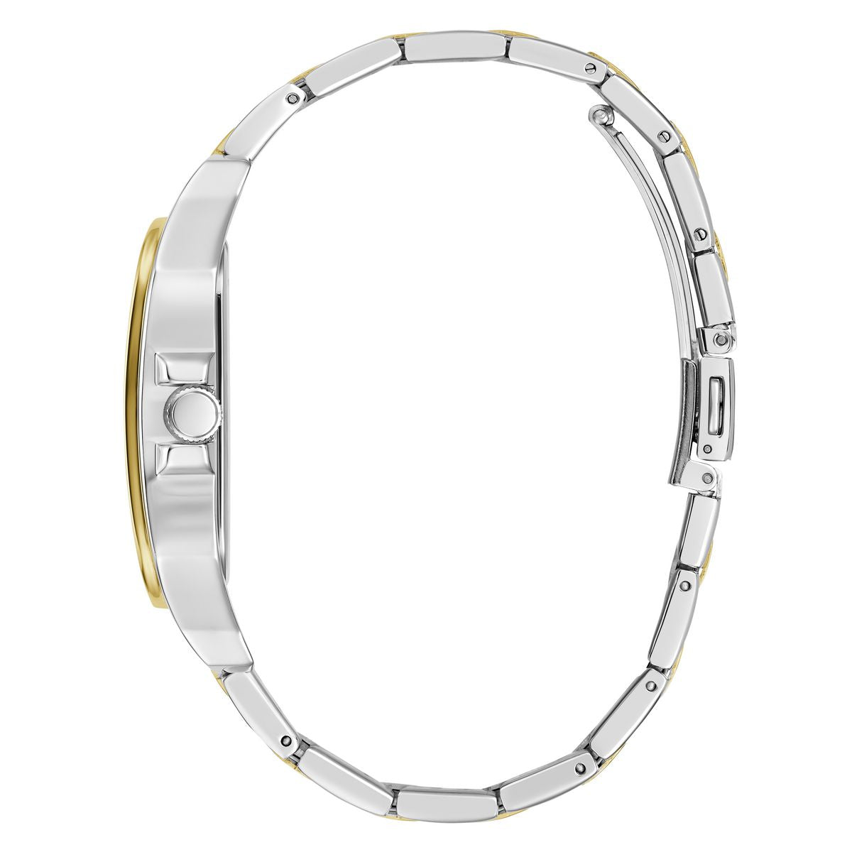 A close-up side view of a two-tone metal watch bracelet, showing silver-toned links with small gold-toned accents and a matching side profile on a plain white background.