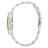 A close-up side view of a two-tone metal watch bracelet, showing silver-toned links with small gold-toned accents and a matching side profile on a plain white background.