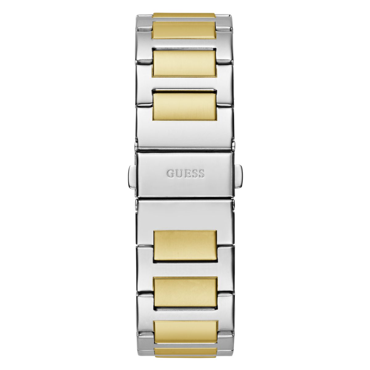 A two-tone stainless steel and yellow gold link watch band with the GUESS brand name engraved on the center clasp, shown against a plain white background.