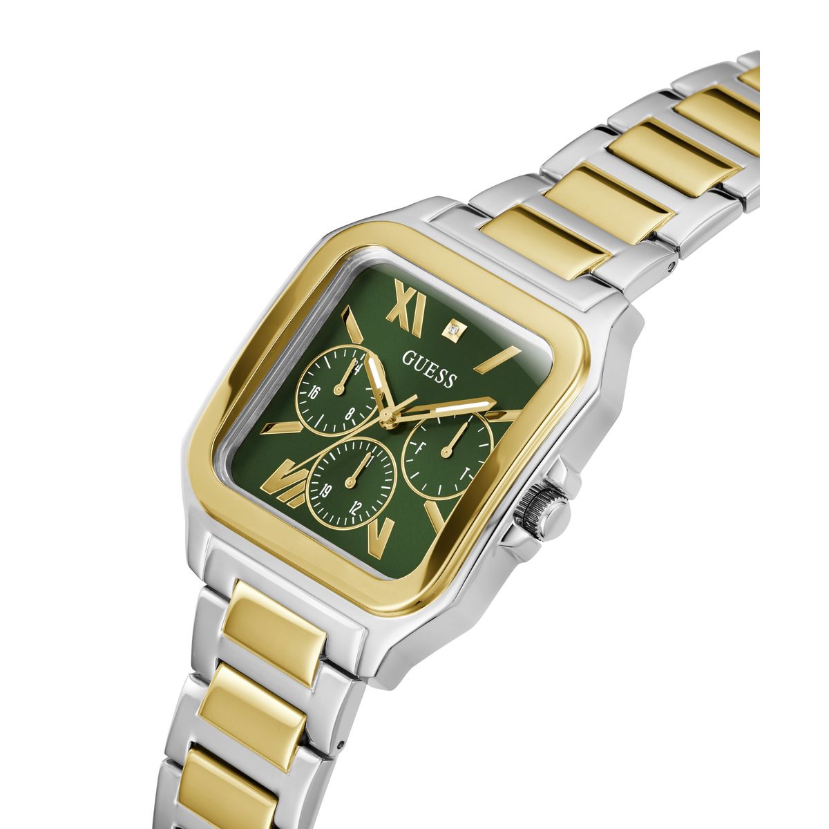 A GUESS women's watch featuring a two-tone silver and gold stainless steel link bracelet, a gold-tone bezel, and a dark green dial with Roman numeral hour markers and three sub-dials.
