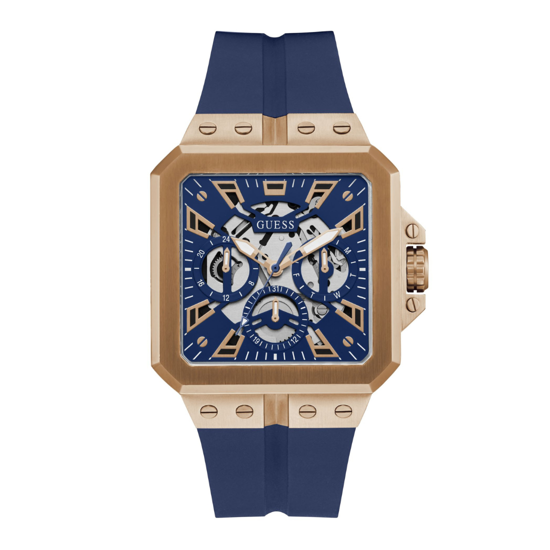A GUESS men's watch featuring a square rose gold-tone case, a blue skeleton dial with gold and silver details, and a blue silicone strap, shown against a plain white background.