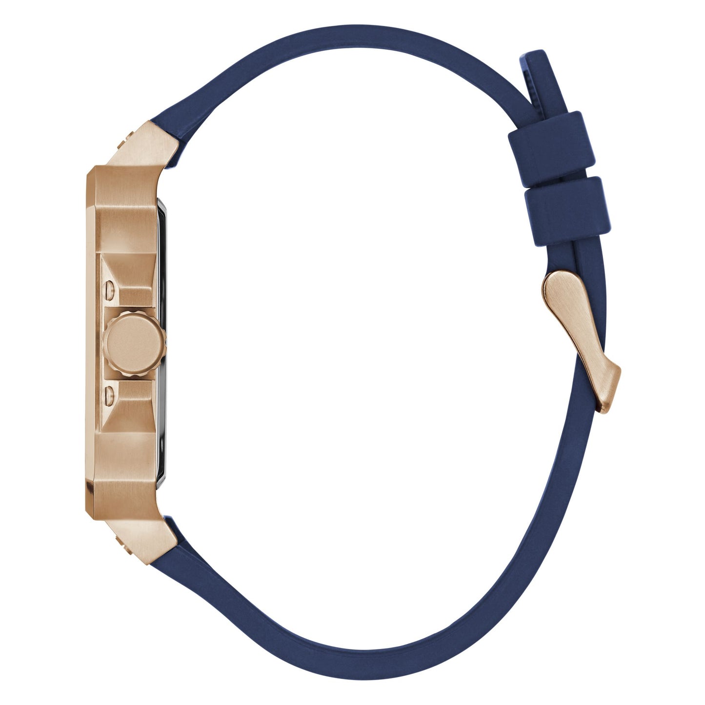 A women's watch with a rectangular rose gold case and a thick navy blue silicone strap, shown from a side profile view on a white background.