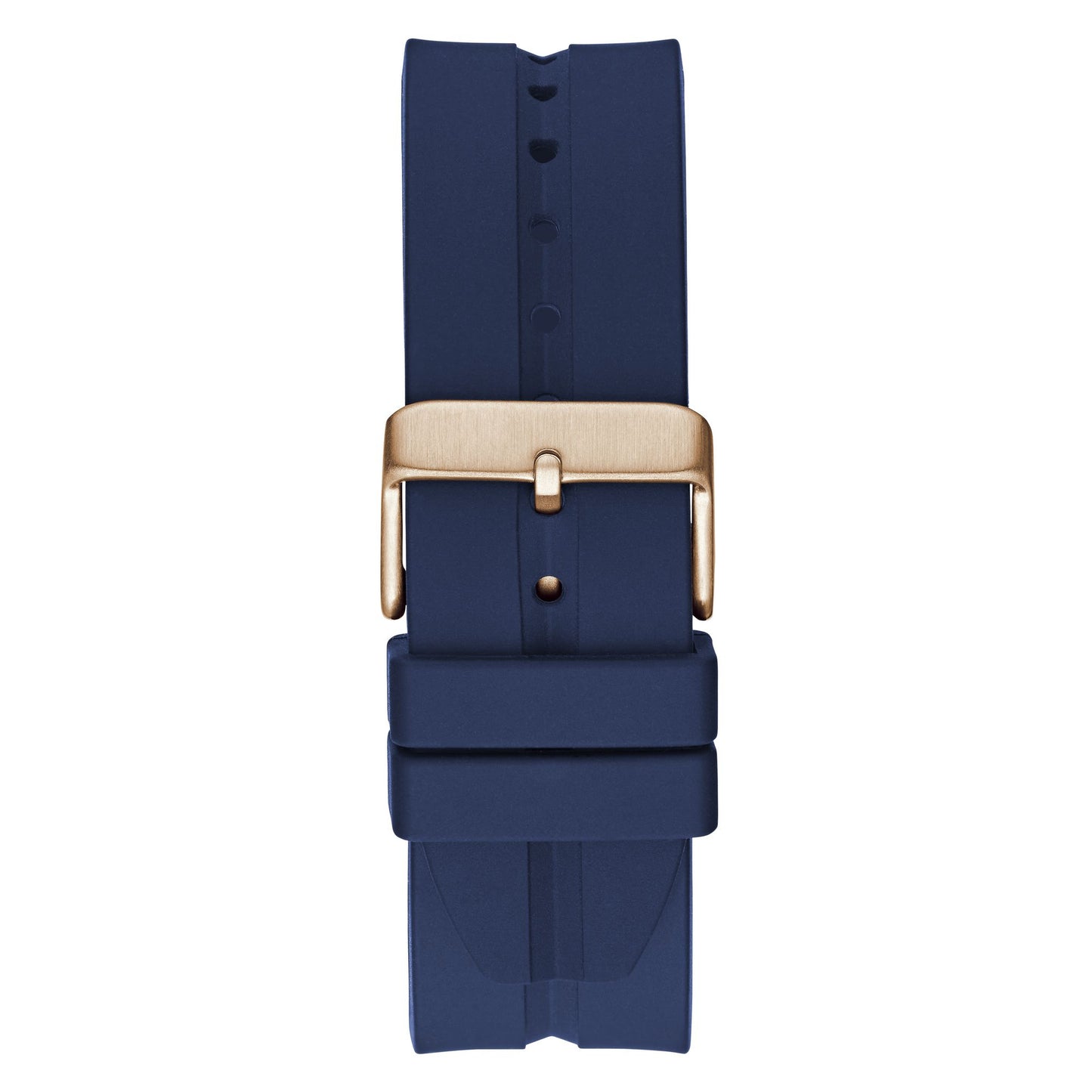 Black watch strap with a gold buckle on a white background