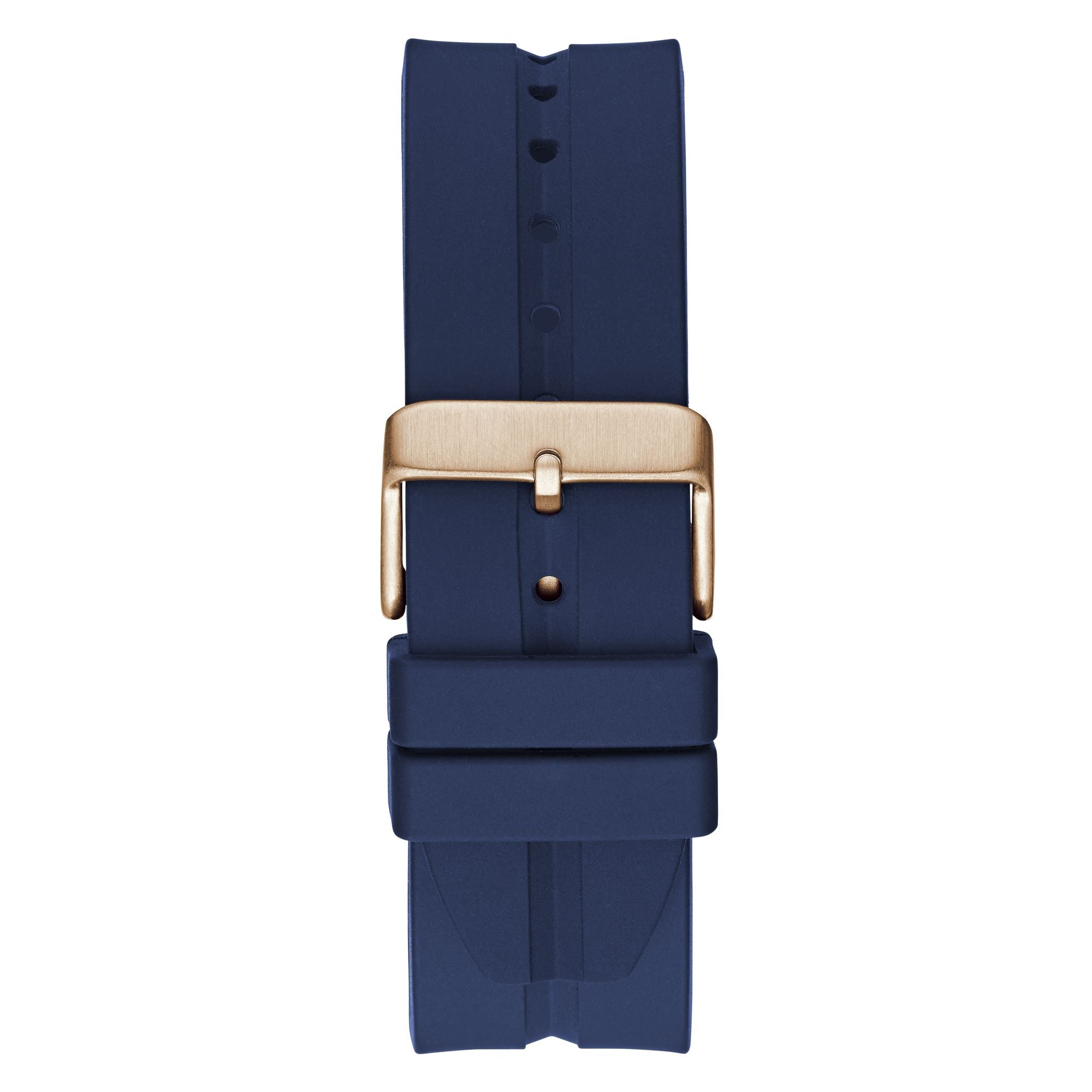 Black watch strap with a gold buckle on a white background