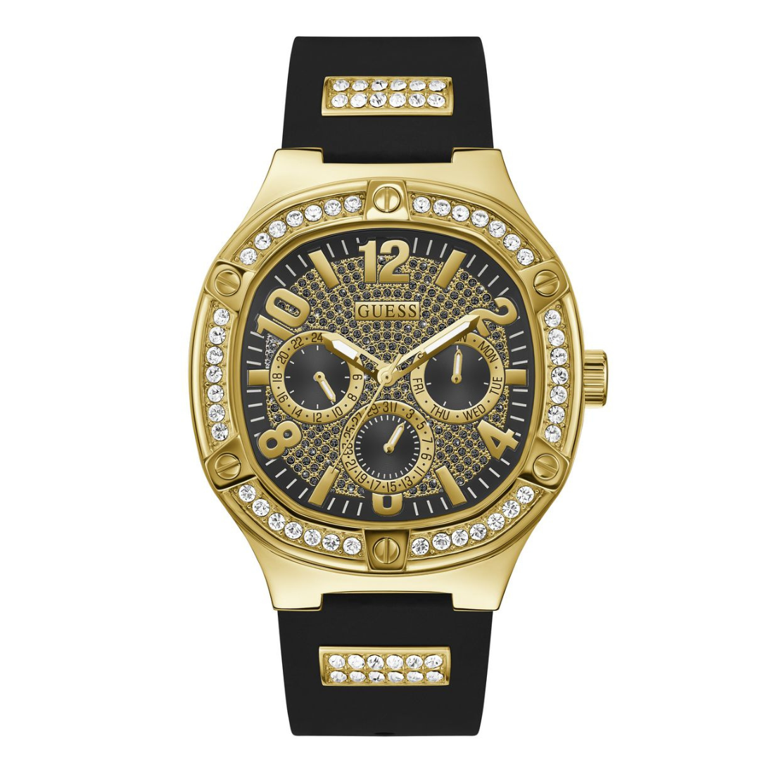 A gold-tone Guess watch with a black dial, black strap, and crystal-studded bezel and bracelet links, shown on a plain white background.