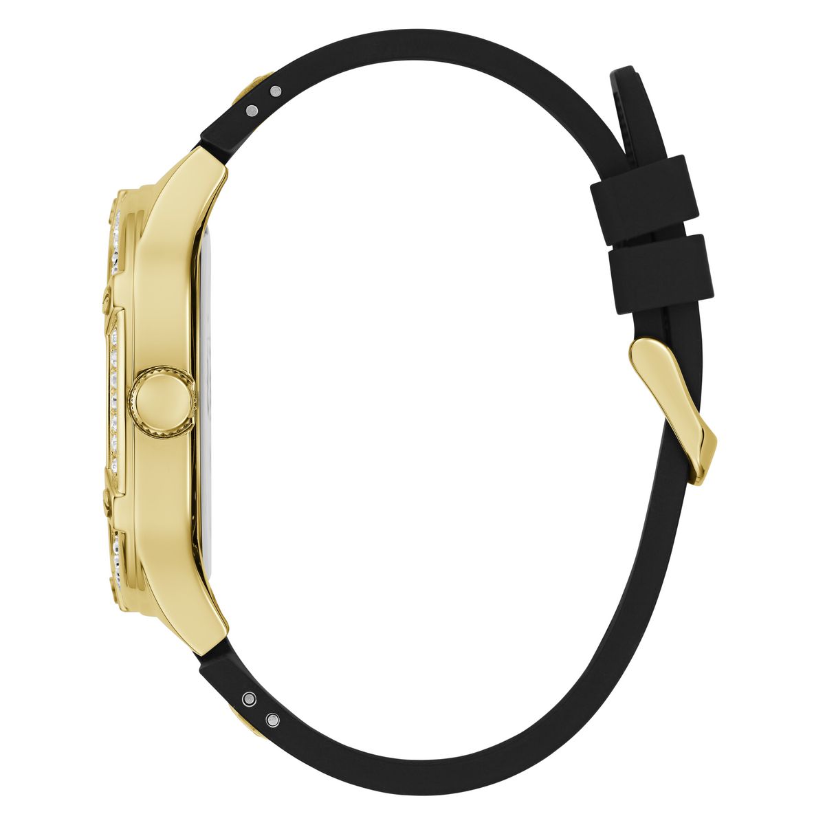 A gold-tone smartwatch with a black silicone strap, shown from a side profile view against a solid white background.