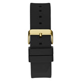 Black silicone watch strap with a polished gold buckle, shown vertically against a plain white background.