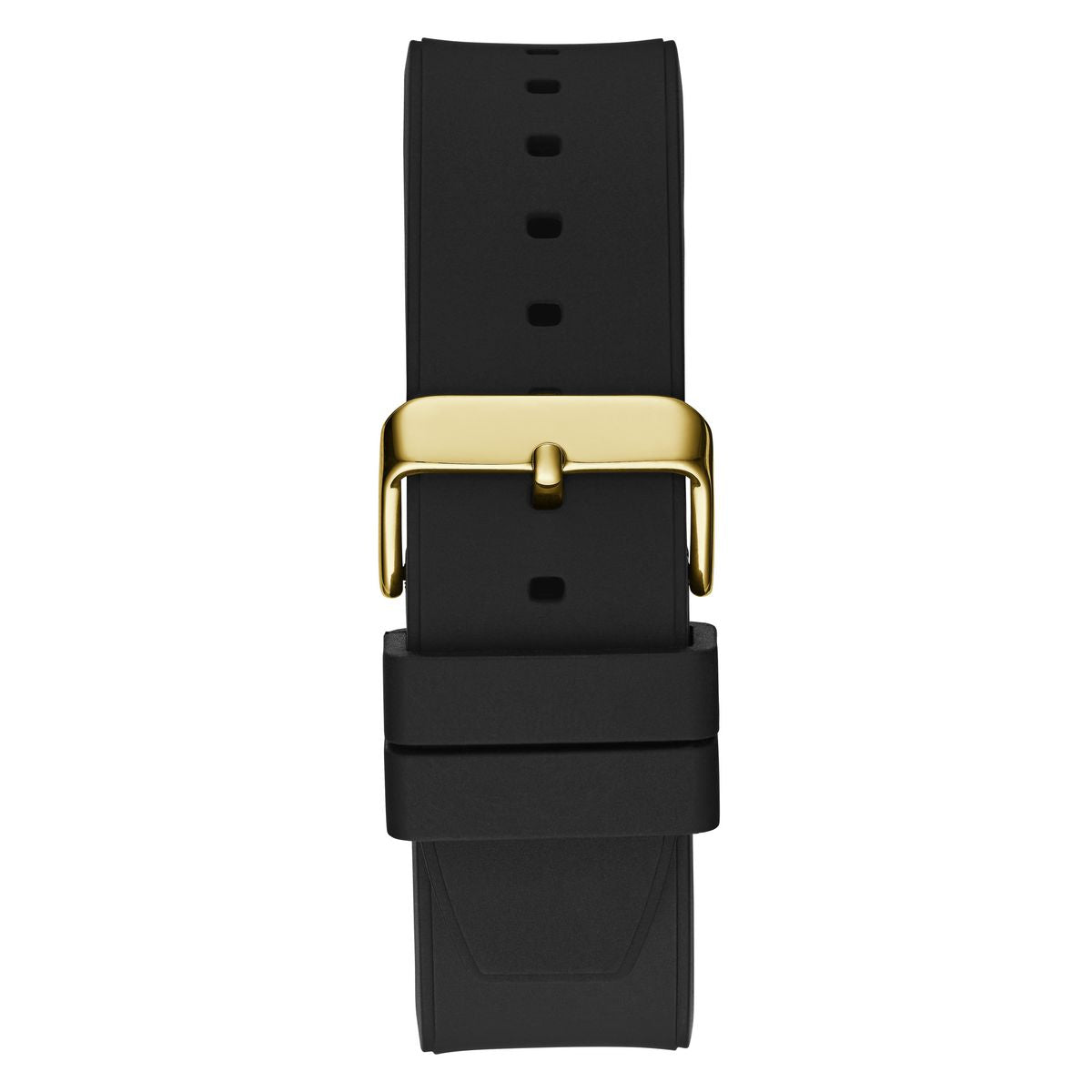 Black silicone watch strap with a polished gold buckle, shown vertically against a plain white background.