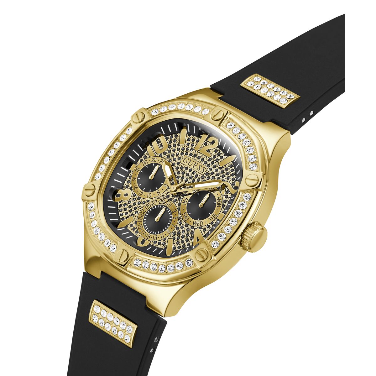A luxury chronograph watch featuring a gold-tone case, black dial with three subdials, crystal-studded bezel and crown, and a black rubber strap with gold-tone crystal-embellished links, shown on a white background.