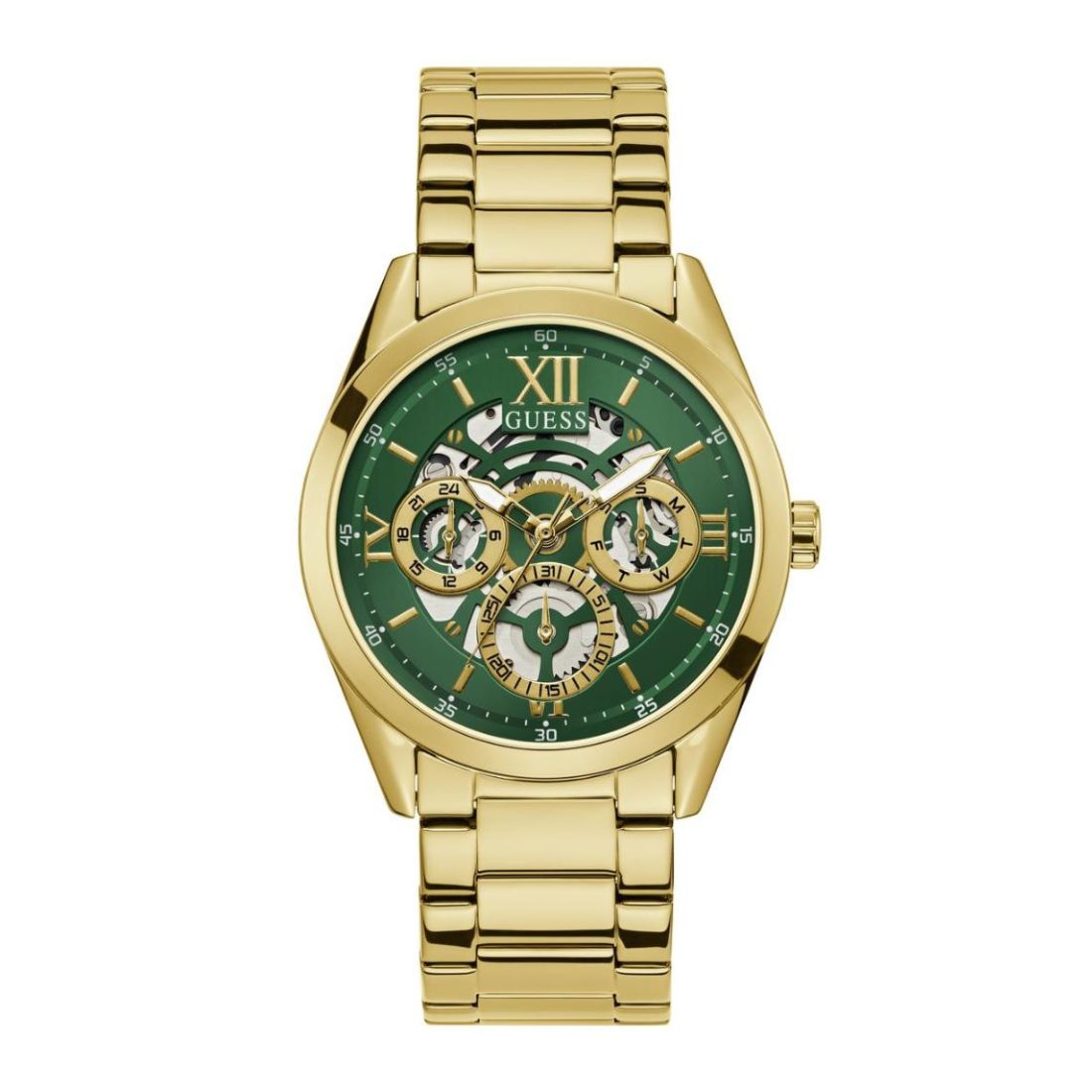 Gold watch with a green face on a white background