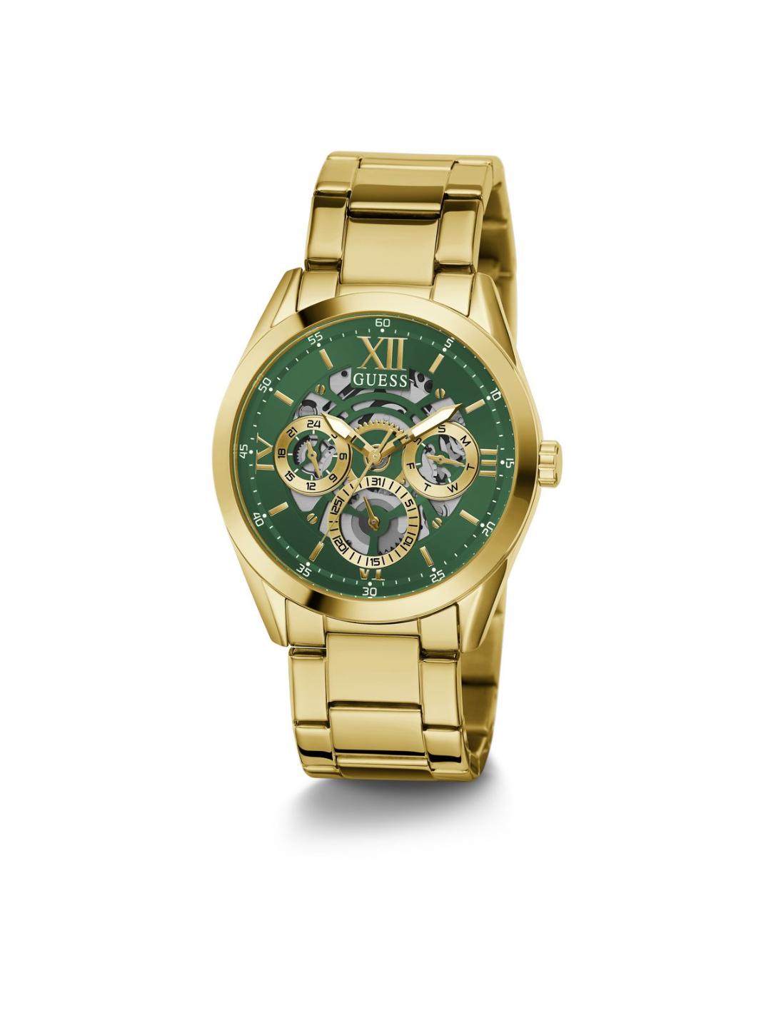 Gold watch with a green face on a white background