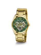 Gold watch with a green face on a white background