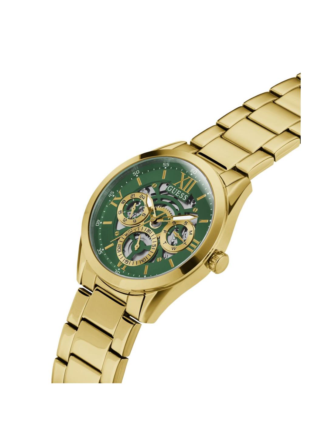Gold watch with a green face on a white background