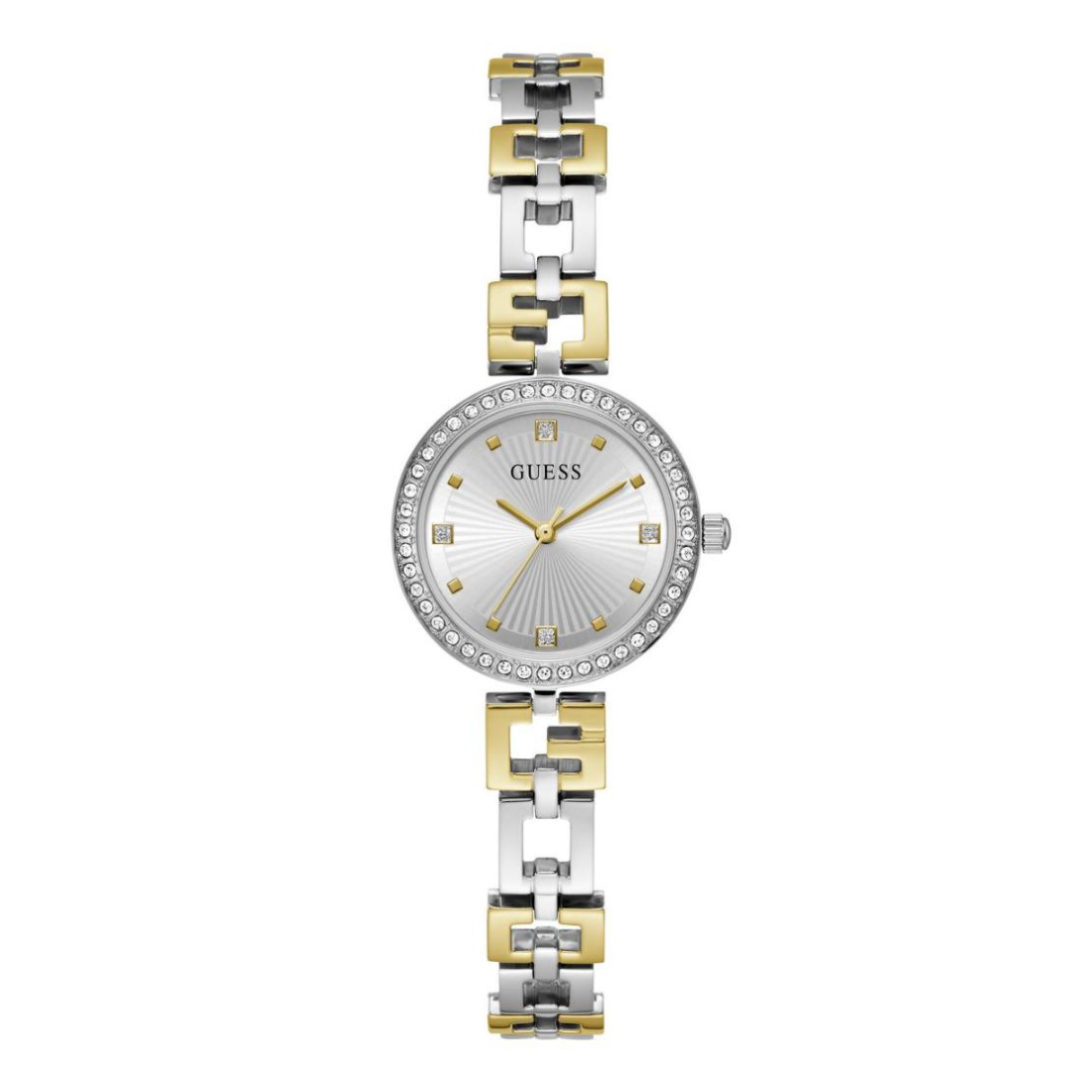 Two-tone watch with a silver and gold band on a white background