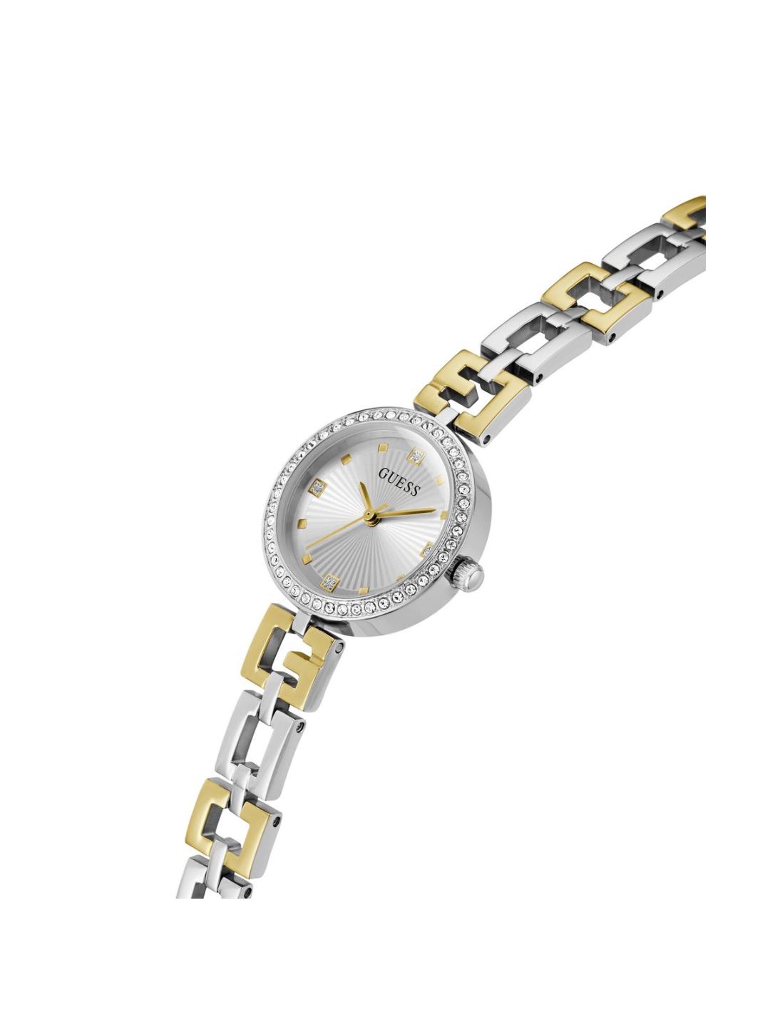 Two-tone watch with silver and gold bracelet on a white background
