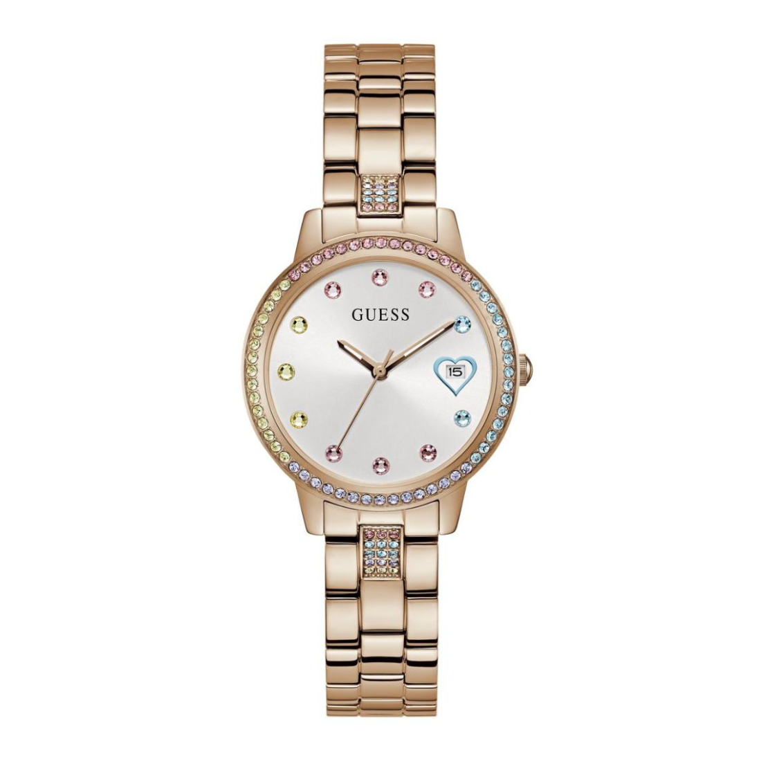 Rose gold watch with gemstone accents on a white background