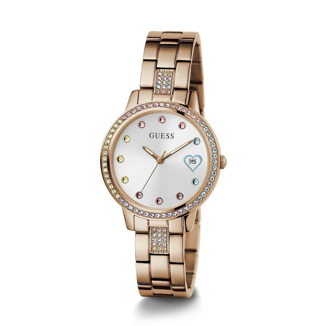 Rose gold watch with gemstone accents on a white background