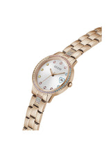 Rose gold watch with gemstone accents on a white background