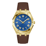 A Guess men's watch featuring an octagonal gold-tone case, a vibrant blue sunburst dial with gold-tone Roman numerals and hands, and a brown leather strap.