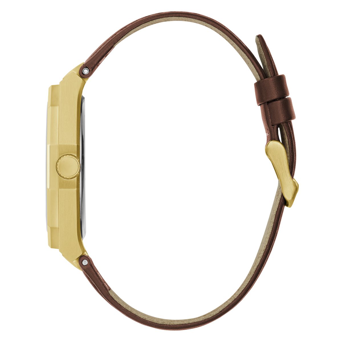 Gold watch case with brown leather strap on a white background