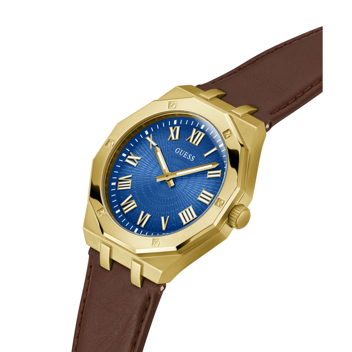 A Guess men's analog watch featuring an octagonal gold-tone case, a textured blue dial with gold-tone Roman numerals and hands, and a brown leather strap, shown on a plain white background.