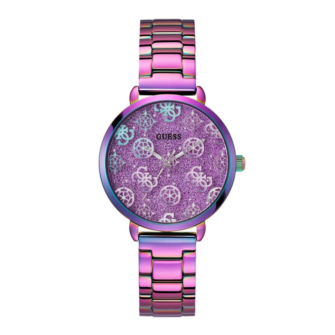 Purple watch with a patterned face on a white background