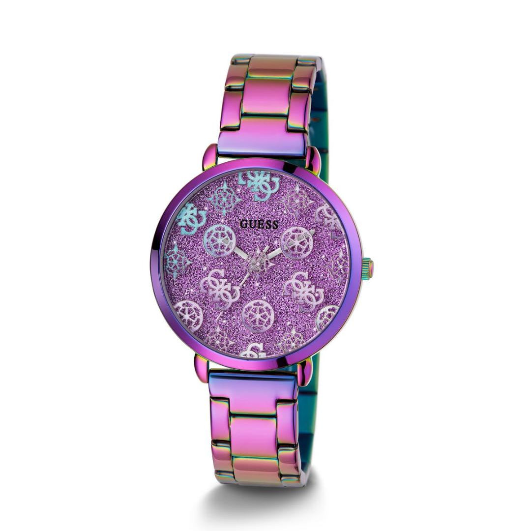 Multicolored watch with a purple face on a white background
