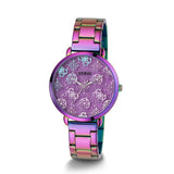 Multicolored watch with a purple face on a white background