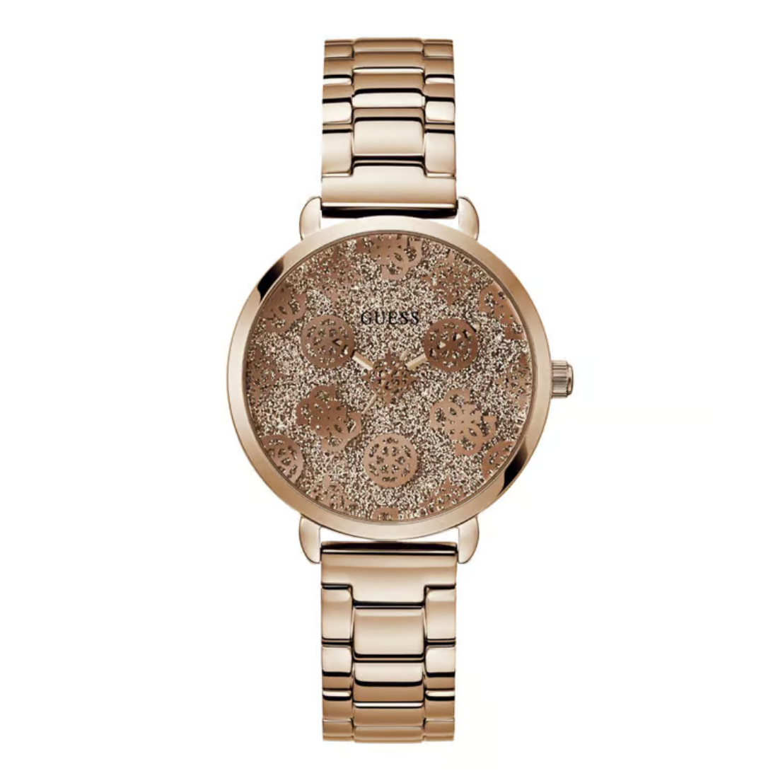 A GUESS women's analog watch with a rose gold metal link bracelet, a round rose gold case, and a textured glittery brown dial with rose gold floral motifs.