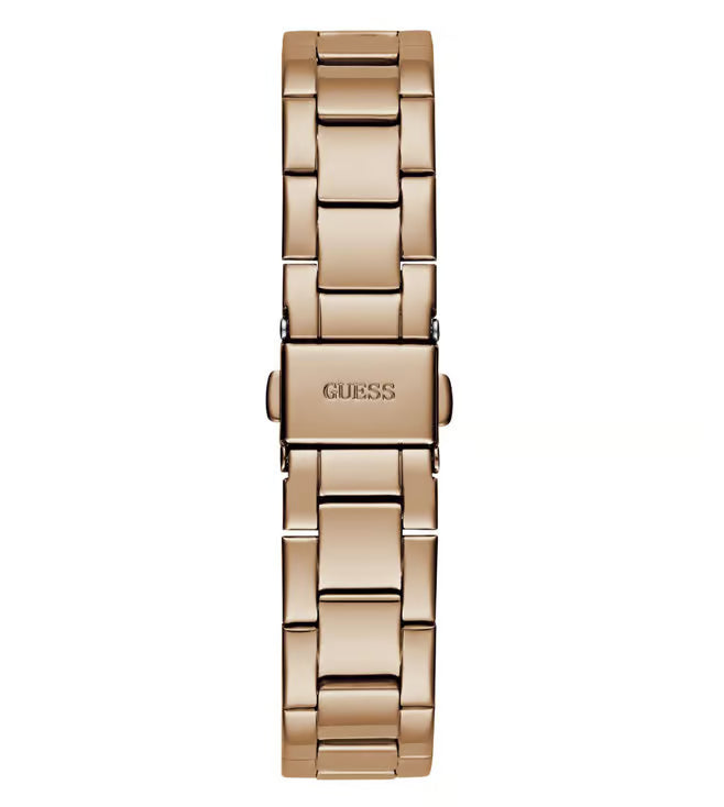 A rose gold metal link bracelet watch by Guess, shown vertically against a solid white background.