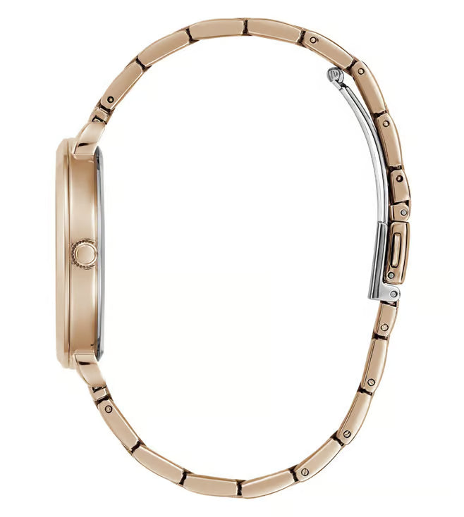 A side profile view of a women's watch featuring a rose gold-toned metal link bracelet and a matching round case, with a silver-toned clasp visible on the right side, set against a plain white background.