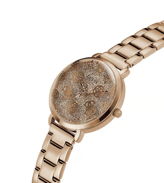 A rose gold women's watch with a textured, glittery dial featuring floral motifs and a matching rose gold metal link bracelet, shown on a plain white background.