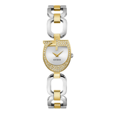 A GUESS women's watch featuring a two-tone silver and gold link bracelet, a gold-tone shield-shaped bezel encrusted with clear crystals, and a white dial with gold hands.