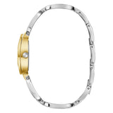 A two-tone women's watch shown from the side profile, featuring a polished yellow gold case and a silver-toned metal link bracelet with a round bezel-set crystal on the crown.