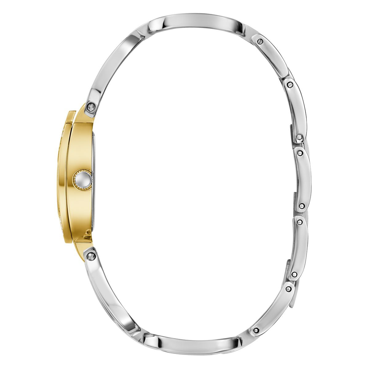 A two-tone women's watch shown from the side profile, featuring a polished yellow gold case and a silver-toned metal link bracelet with a round bezel-set crystal on the crown.