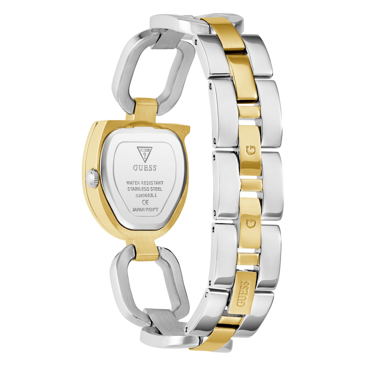 A GUESS women's stainless steel watch with a two-tone gold and silver link bracelet, shown from the back on a white background.