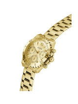 Gold watch with a visible brand logo on a white background