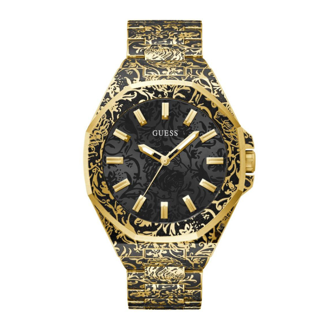 Gold and black patterned watch with visible brand logo on a white background